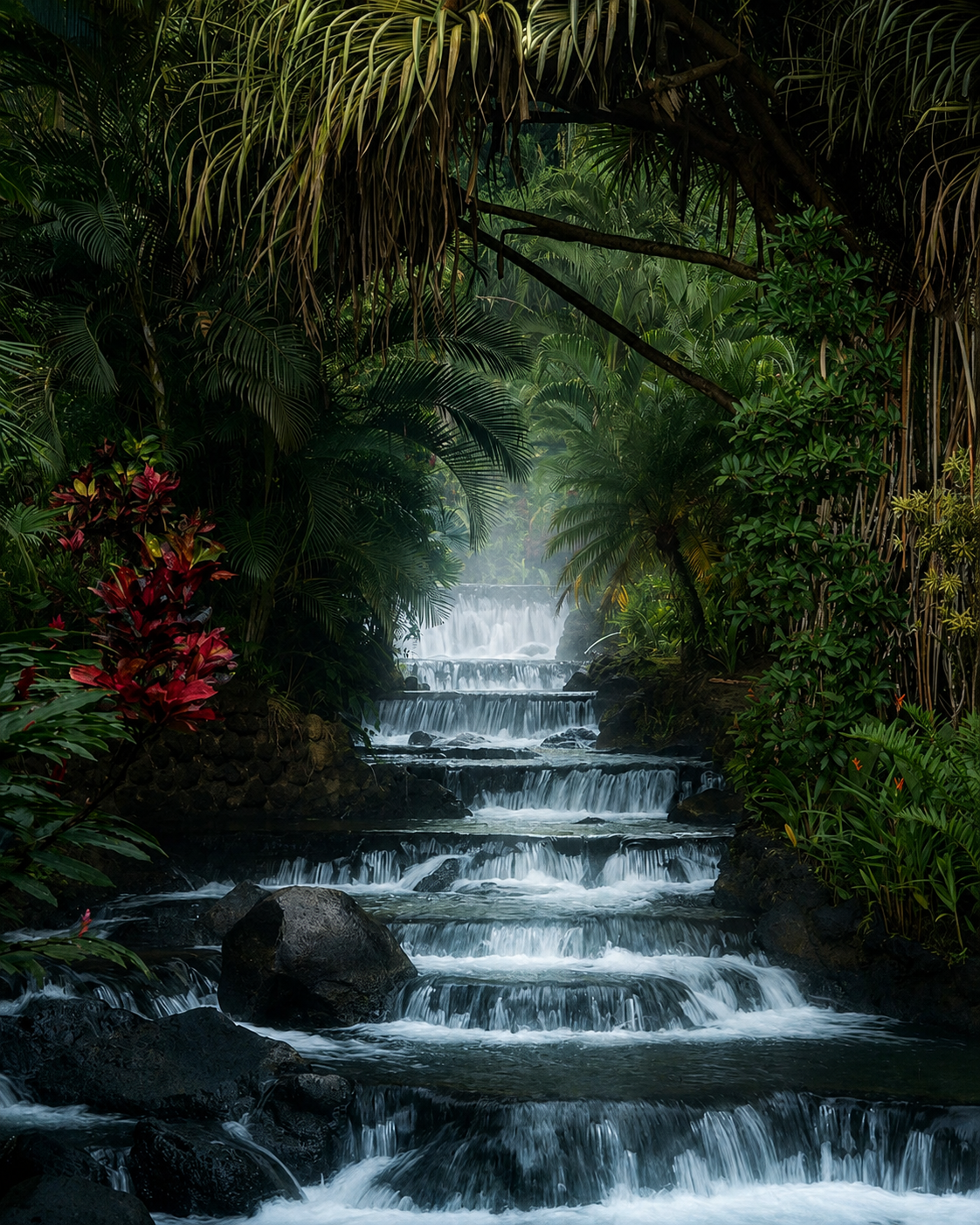 A cascade of thermal pools drawn down the volcano's flank, held by monstera and heliconia.