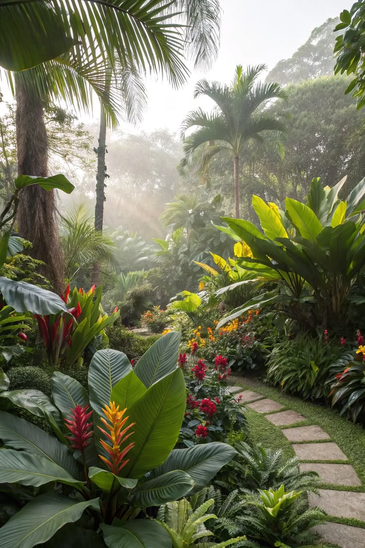 Dense tropical planting frames a quiet garden path, where palms, broad-leaved species and flowering accents gather in the morning mist.