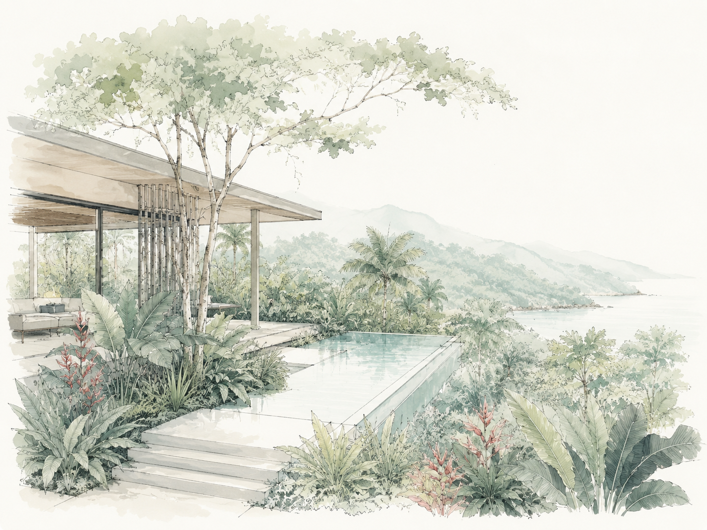 Watercolour study of a tropical coastal residence, pool terrace and layered planting