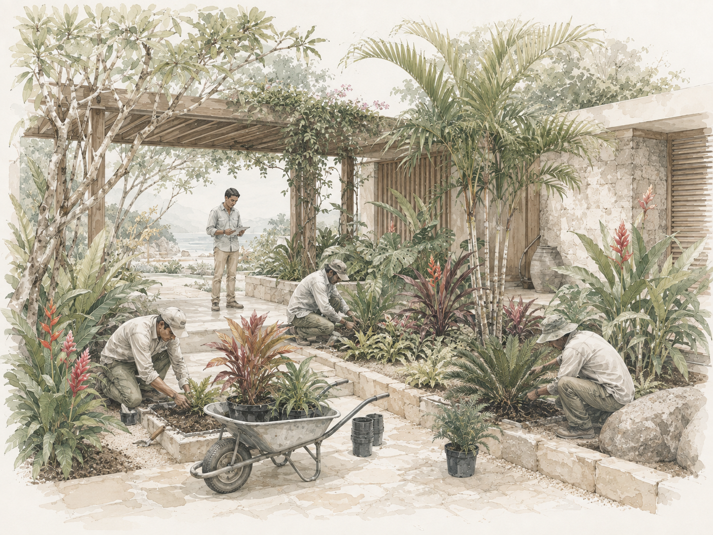 Watercolour study of a PLANTAE crew planting a terraced tropical garden under site supervision