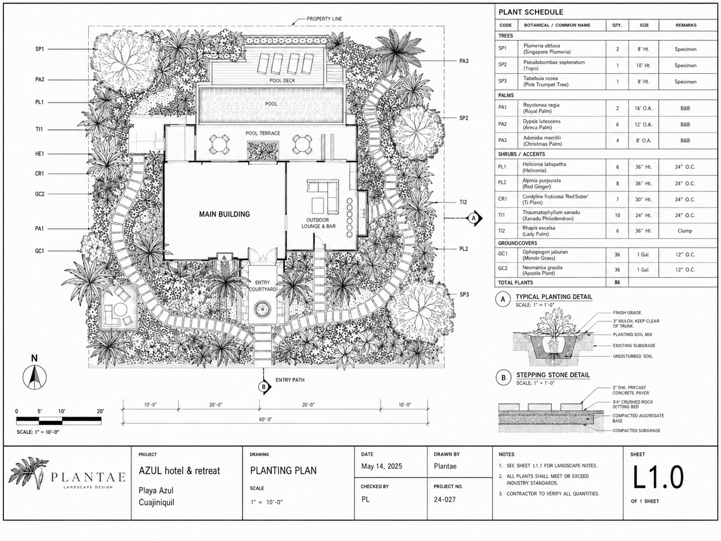 PLANTAE planting plan drawing L1.0 for AZUL hotel & retreat, Playa Azul