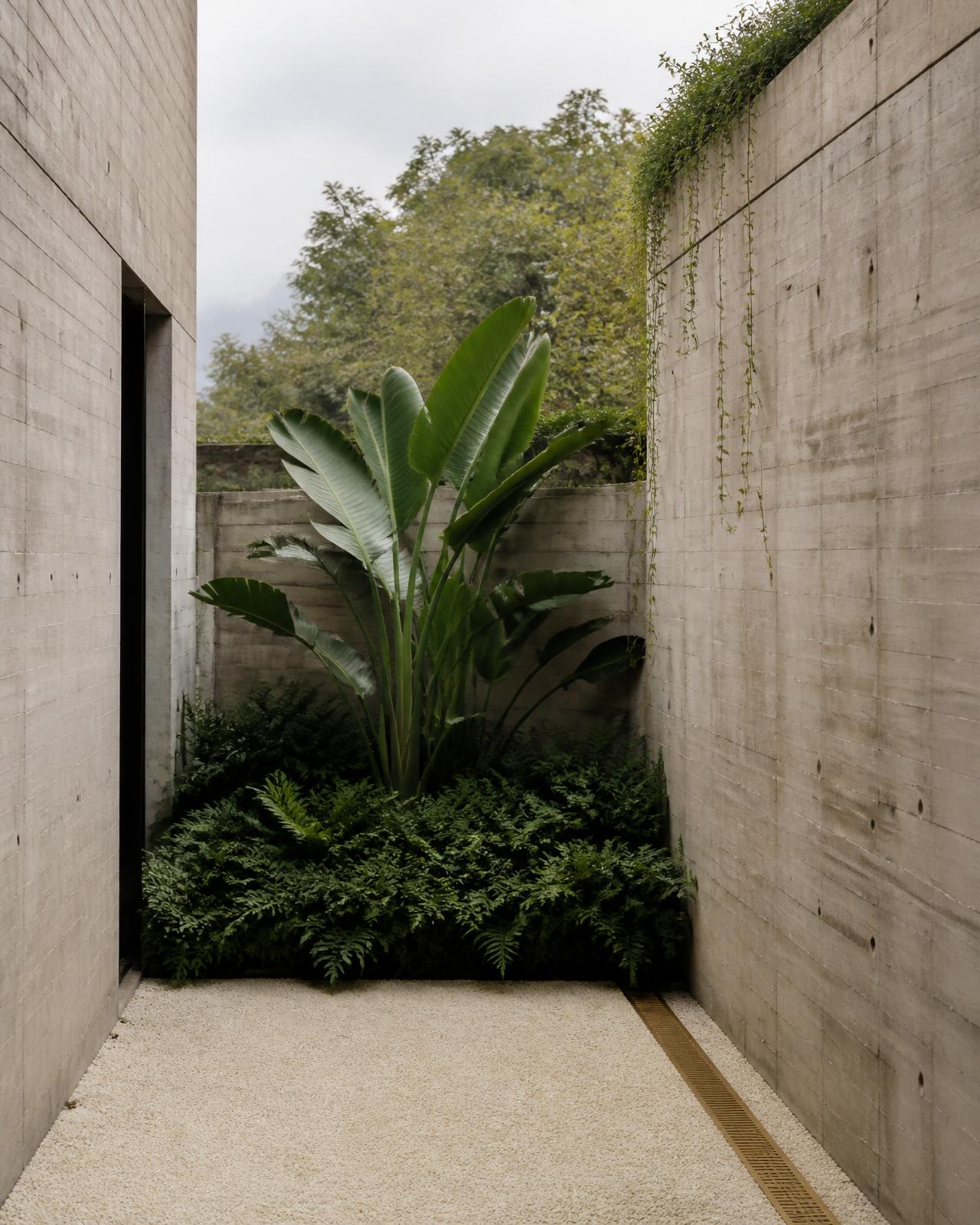 One strelitzia, one bed of ferns, two board-formed walls.